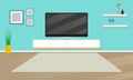 Living room interior with modern furniture: TV, shelves, flowerpot pictures on the wall, carpet. Vector illustration.